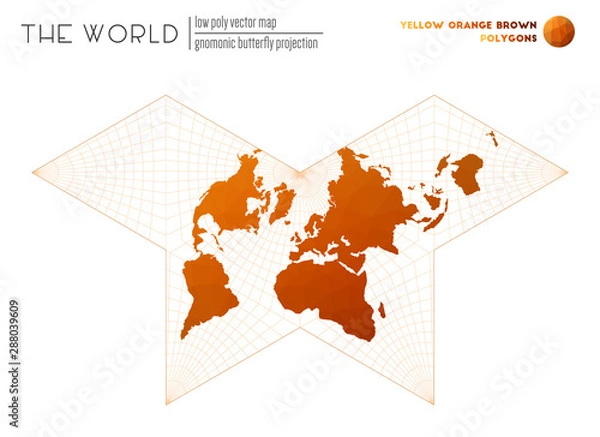 Fototapeta Polygonal world map. Gnomonic butterfly projection of the world. Yellow, orange, and brown colored polygons. Beautiful vector illustration.