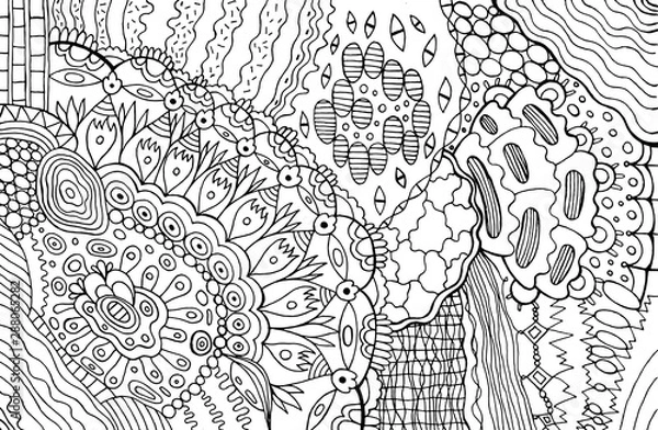 Obraz Zendoodle line art with mandala flower. Adult coloring page. Abstract pattern with floral motifs. Bohemian and hippie style. Vector illustration
