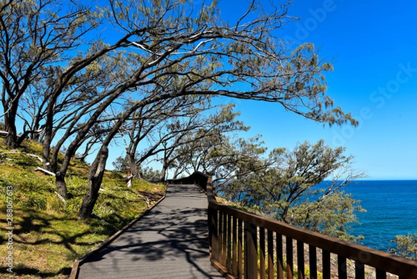 Fototapeta Gorge Walk wooden pathway with ocean view on North Stradbroke Island, Queensland, Australia