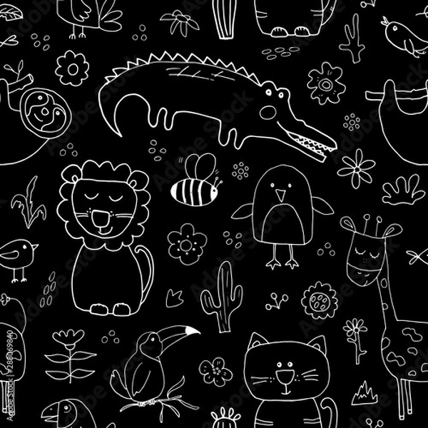 Fototapeta Cute Animals Seamless Pattern, Cartoon Hand Drawn Animal Doodles Vector Illustration