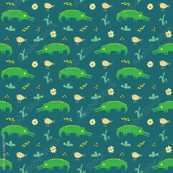 Fototapeta Cute Crocodile or Alligator with little bird Seamless Pattern, Cartoon Hand Drawn Animal Doodles Vector Illustration background
