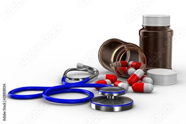 Fototapeta Stethoscope and pills on white background. Isolated 3D image