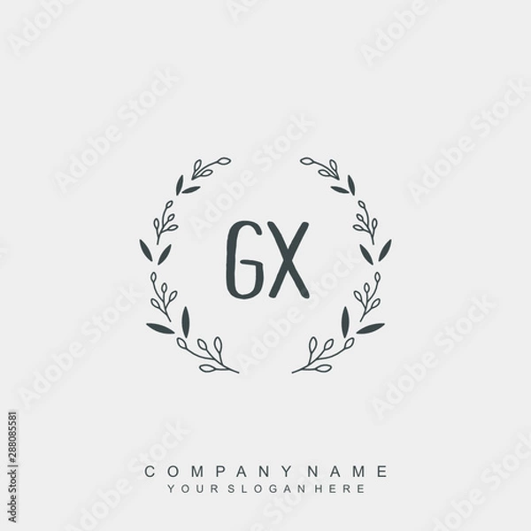 Obraz letter GX surrounded by beautiful and elegant flowers and leaves. Wedding monogram logo template.