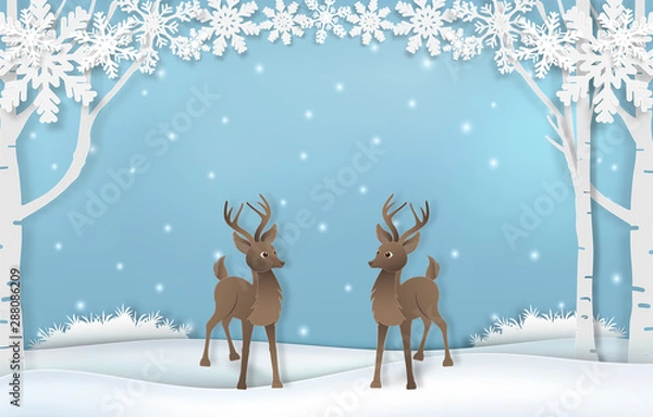 Obraz Paper art of cute reindeer with snow and snowflake background illustration