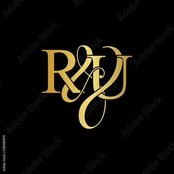 Fototapeta Initial letter R & U RU luxury art vector mark logo, gold color on black background.