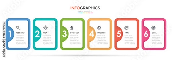 Fototapeta Concept of arrow business model with 6 successive steps. Five colorful rectangular elements. Timeline design for brochure, presentation. Infographic design layout.