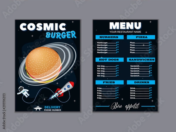 Fototapeta Cosmic meals Kids menu brochure. Vector fast food flyer. Menu for cafe with astronaut and space ship