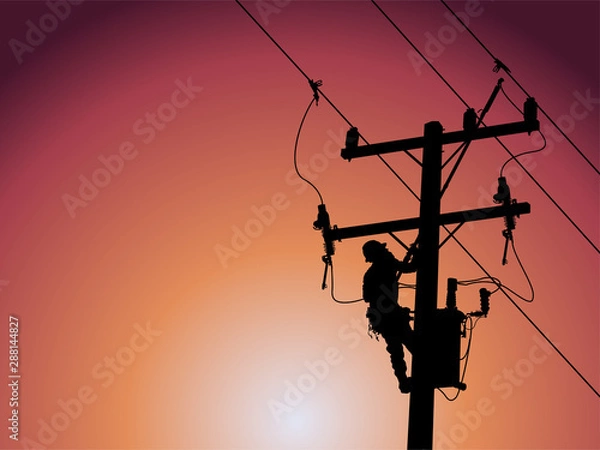 Fototapeta The power lineman use clamp stick (insulated tool) to closing a transformer on energized high-voltage electric power lines. The power lineman must be trained because it is a risky job.