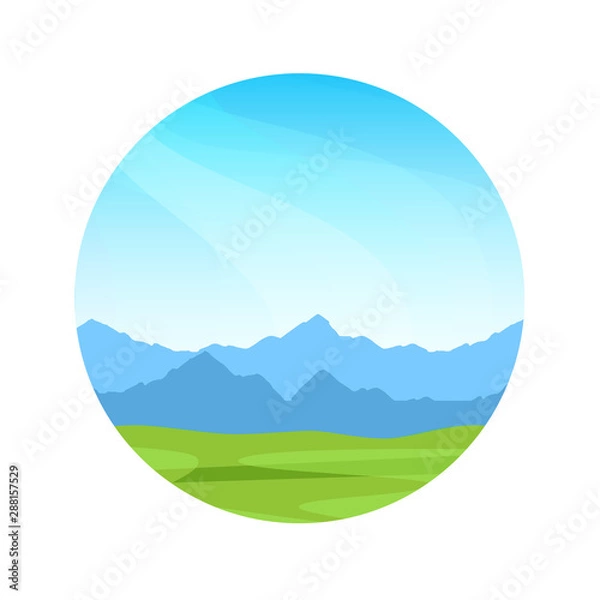 Fototapeta Alpine mountains on a sunny day, Vector colorful illustration of a round shape with landscape on a white background. Circular Banner for travel company.