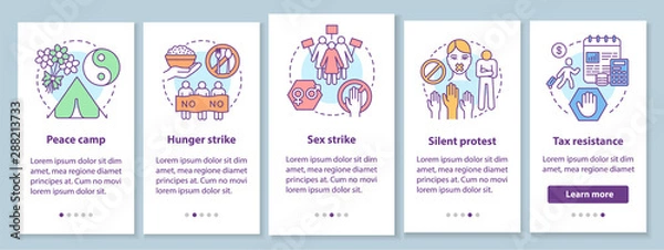 Fototapeta Peaceful protest onboarding mobile app page screen with linear concepts. Nonviolent public demonstration walkthrough steps graphic instructions. UX, UI, GUI vector template with illustrations