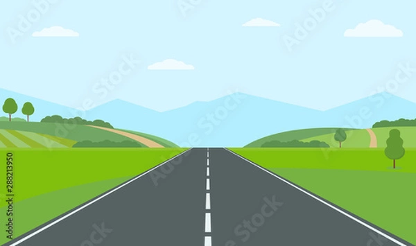 Obraz Straight empty road through the countryside. Green hills, blue sky, meadow and mountains. Summer landscape vector illustration.