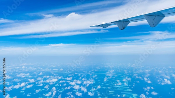 Fototapeta Aircraft wing flying over the blue clouds.