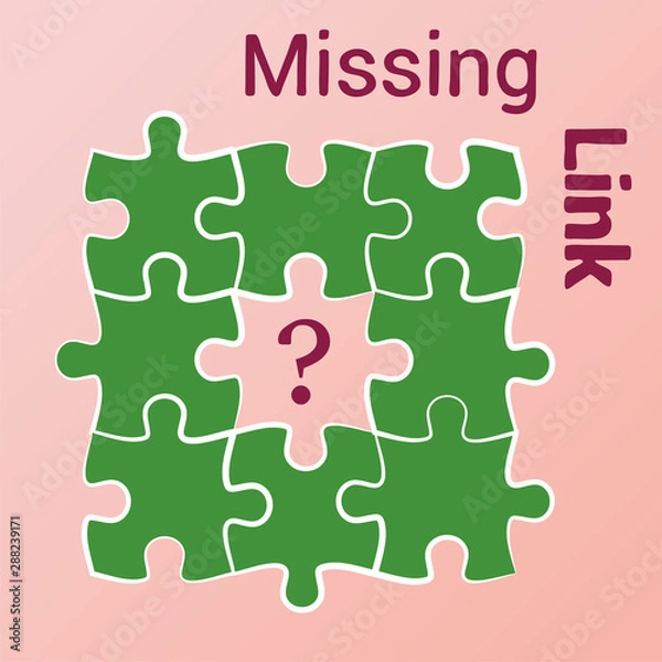 Fototapeta Green jigsaw puzzle with missed central piece. Question mark. Missing piece, element, link. Solution, business concept. Vector illustration.