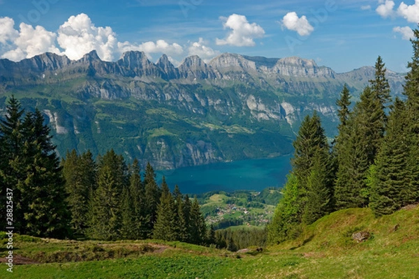 Fototapeta View to the lake Walensee from the Flumserberg (Switzerland).