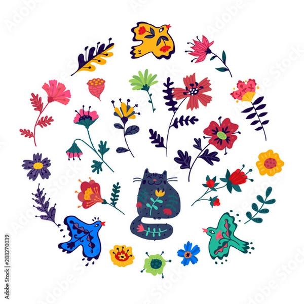 Fototapeta Decorative elements. Cute kitty, birds and beautiful flowers. Doodle flat style. Pattern for packaging and fabric. Drawing is isolated on a white background.