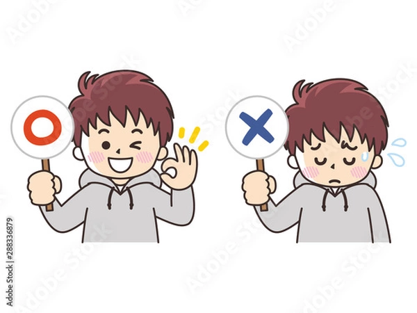 Fototapeta 若い男性と○×の札