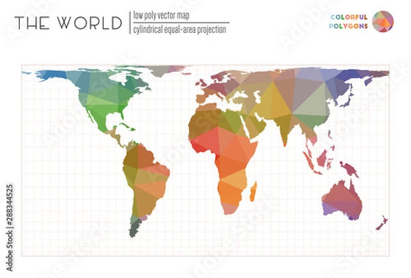 Fototapeta Vector map of the world. Cylindrical equal-area projection of the world. Colorful colored polygons. Beautiful vector illustration.
