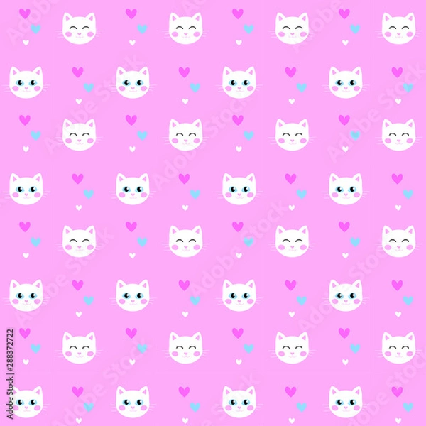 Obraz Seamless vector pattern. Cute cats and hearts on a pink background