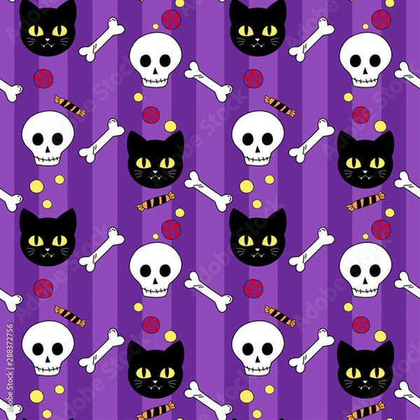 Obraz Halloween seamless vector pattern. Black cats and skulls