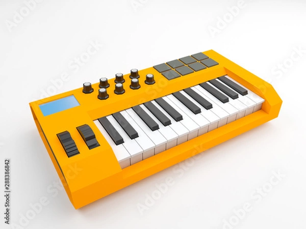 Obraz Yellow two octave midi keyboard with pads and rotary knobs on white background. Low poly 3d rendering.