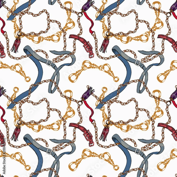 Obraz Seamless pattern with belts, chain and braid on white background. Perfect for fabric design.