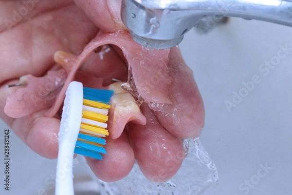 Obraz Use a toothbrush to clean teeth partial denture.