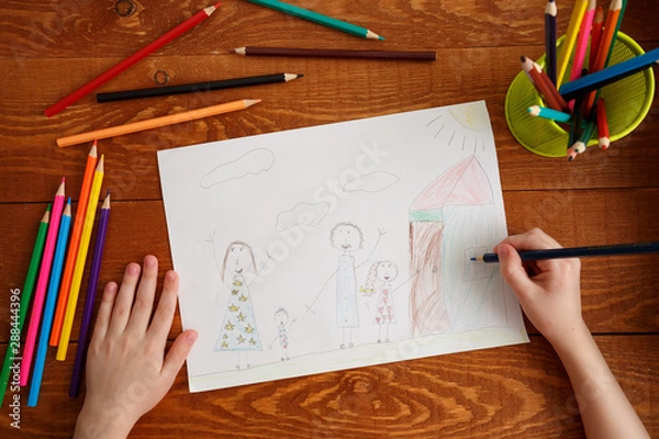 Fototapeta Character Child Drawing Image on Wooden Table