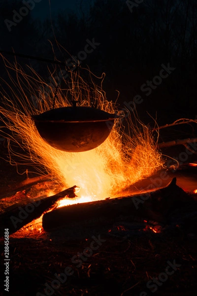 Obraz A large cooking pot with food cooked on campfire burning brightly, surrounded by dark forest. Long exposure.