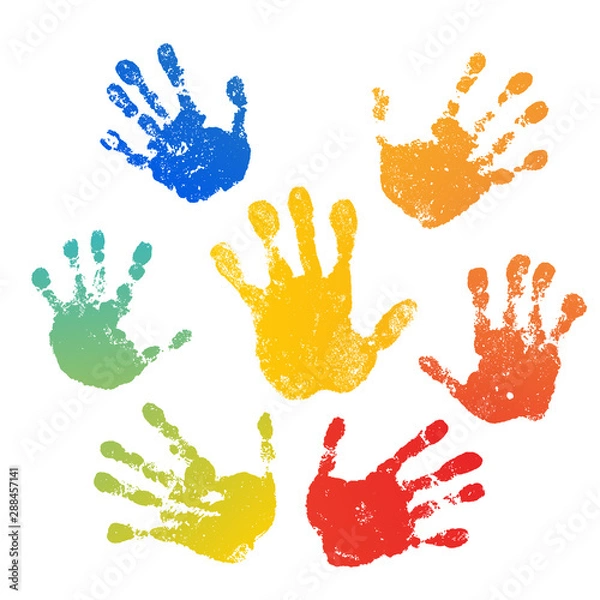 Fototapeta Hand rainbow print isolated on white background. Color child handprint. Creative paint hands prints. Happy childhood design. Artistic kids stamp, bright human fingers and palm. Vector illustration