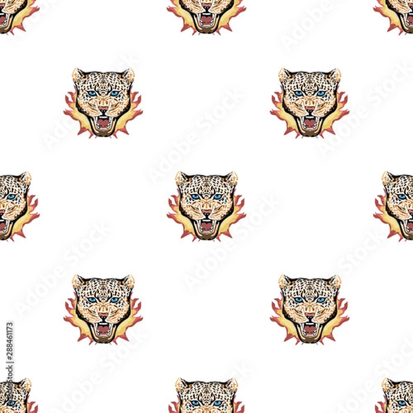 Obraz Leopards faces with fire on black background illustration seamless pattern.