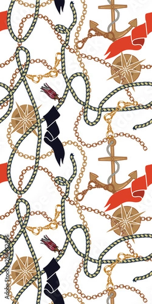Obraz Nautical pattern with chains and ropes. Marine background.