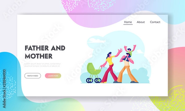 Fototapeta Happy Family Walking on Nature Website Landing Page. Young Mother Pushing Baby Carriage, Little Son Sitting at Father Shoulders. Man Woman Kid Weekend Web Page Banner. Cartoon Flat Vector Illustration