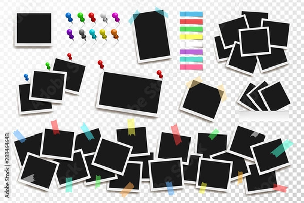 Fototapeta Set of realistic vector square frames, pins and paper stickers on transparent background. Vector illustration