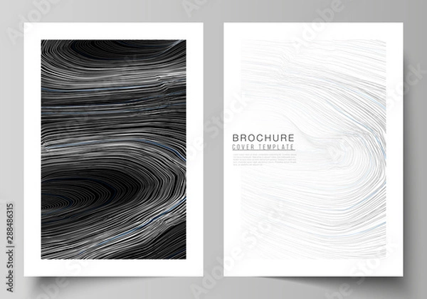 Fototapeta The vector layout of A4 format modern cover mockups design templates for brochure, magazine, flyer, booklet, annual report. Smooth smoke wave, hi-tech concept black color techno background.