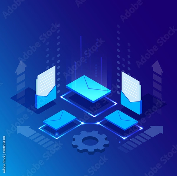 Fototapeta Global online email marketing. Vector isometric background design. Template for banner, landing page. Icon, symbol for web and app. Customer, user service strategy. Digital technology illustration.
