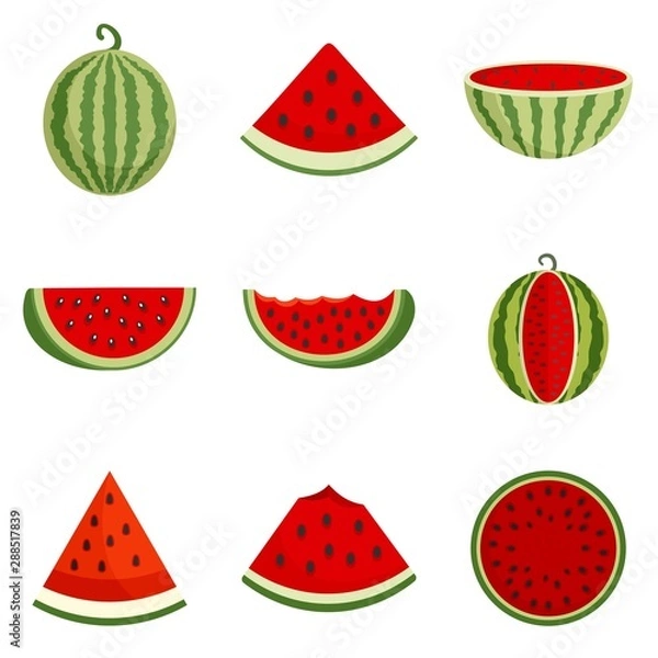 Fototapeta Watermelon icons set. Flat set of watermelon vector icons for web design