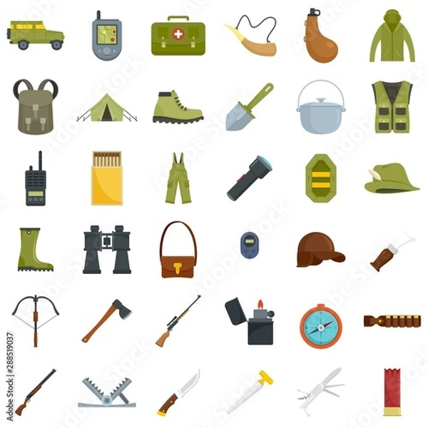 Fototapeta Hunting equipment icons set. Flat set of hunting equipment vector icons for web design