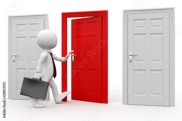 Obraz Man with briefcase entering a red door