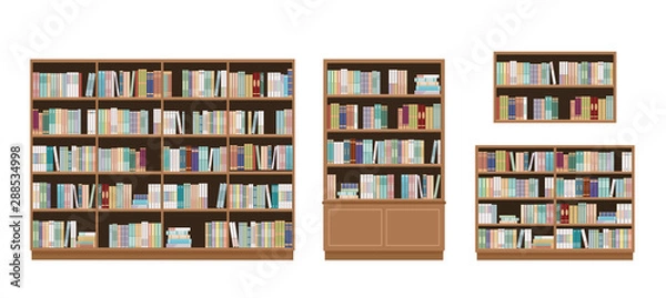 Obraz Regały i regały pełne książek. Na białym tle Koncepcja edukacji biblioteki i księgarni. Ilustracji wektorowych.
