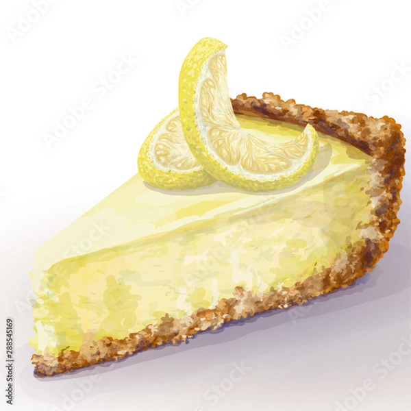 Fototapeta Vector piece of cheesecake with airy and tender, delicate creamy-curd cheese. Crisp and crumble cake with back, appetizing, realistic, homemade cakes with lemon, decorate top. Healthy, cottage pastry