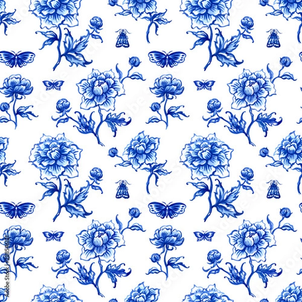 Fototapeta Seamless pattern of blue peonies and butterflies on a white background, watercolor print for fabric or painting for porcelain and other designs.