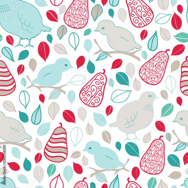 Fototapeta Partridge and Pears Christmas vector seamless pattern. Fun holiday pattern with birds, pears and leaves.