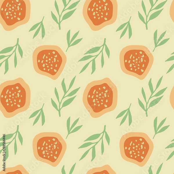 Fototapeta Abstract seamless pattern with fantasy fruits and leaves in beige, olive, orange colours. Modern print with hand drawn plants in sketch style. Modern textile, branding and packaging,wrapping paper.