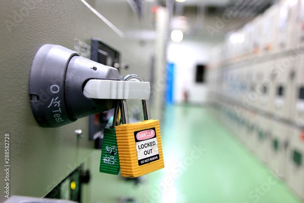 Obraz Lockout Tagout , Electrical safety system.Key lock switch or circuit breaker for safety protect.in electric room