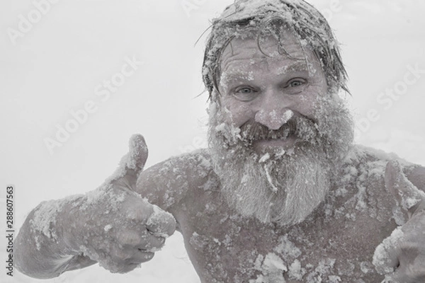 Fototapeta Bearded man, after bathing in the snow