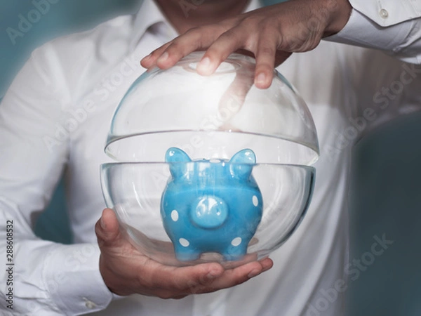 Obraz Piggy bank in the form of a pig. The idea of saving savings. Investing in your future. Money accumulation plan, annuity insurance.