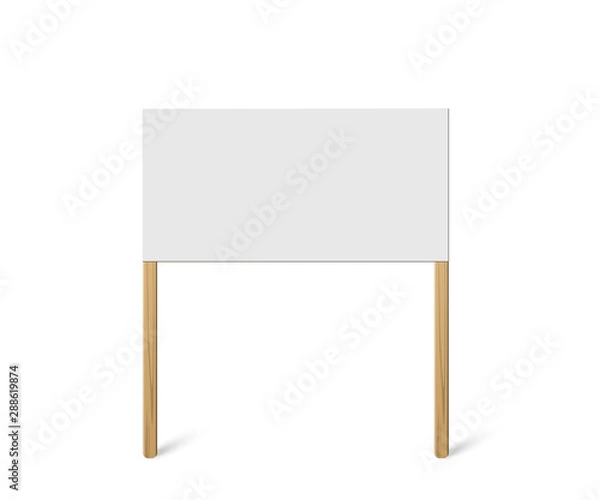Fototapeta Blank banner mock up on wood stick. Vector empty board plank holder. Protest sign isolated on white background.
