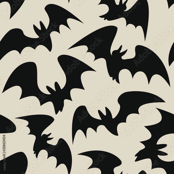 Fototapeta Seamless halloween pattern with bats on gray background for greeting card, gift box, wallpaper, fabric, web design.