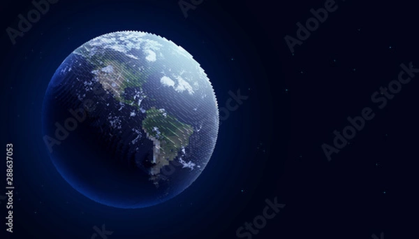 Fototapeta Pixelated Earth, 3D blocks planet, digital world abstract toy planet in space, aligned right. (Elements of this image furnished by NASA)