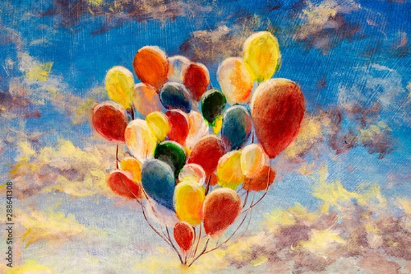 Obraz Ręcznie malowane kolorowe balony na tle błękitnego nieba i chmur nowoczesny obraz olejny na płótnie